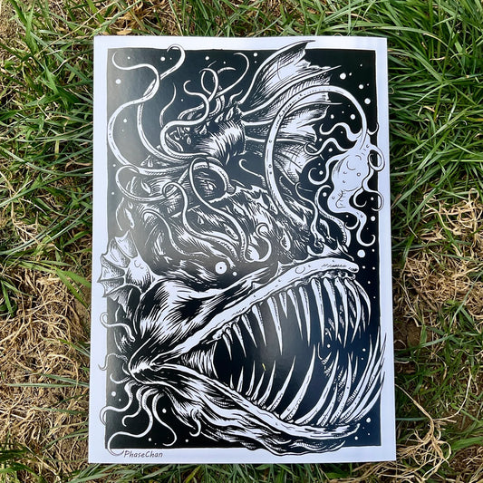 Anglerfish Monochrome Horror Art Print