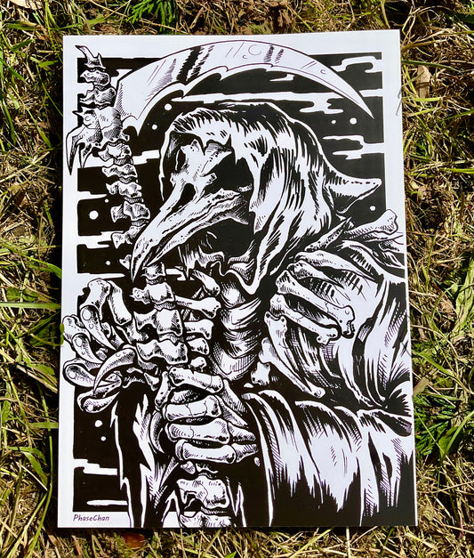 Bird Skull Reaper Monochrome Horror Art Print