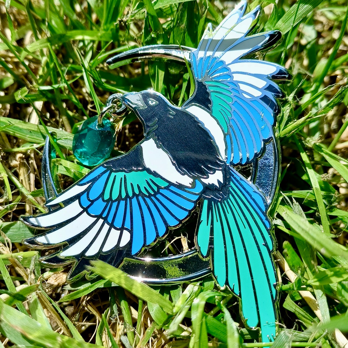 Magpie and Jewel Extra Large Silver Enamel Pin