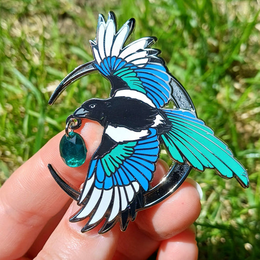 Magpie and Jewel Extra Large Silver Enamel Pin