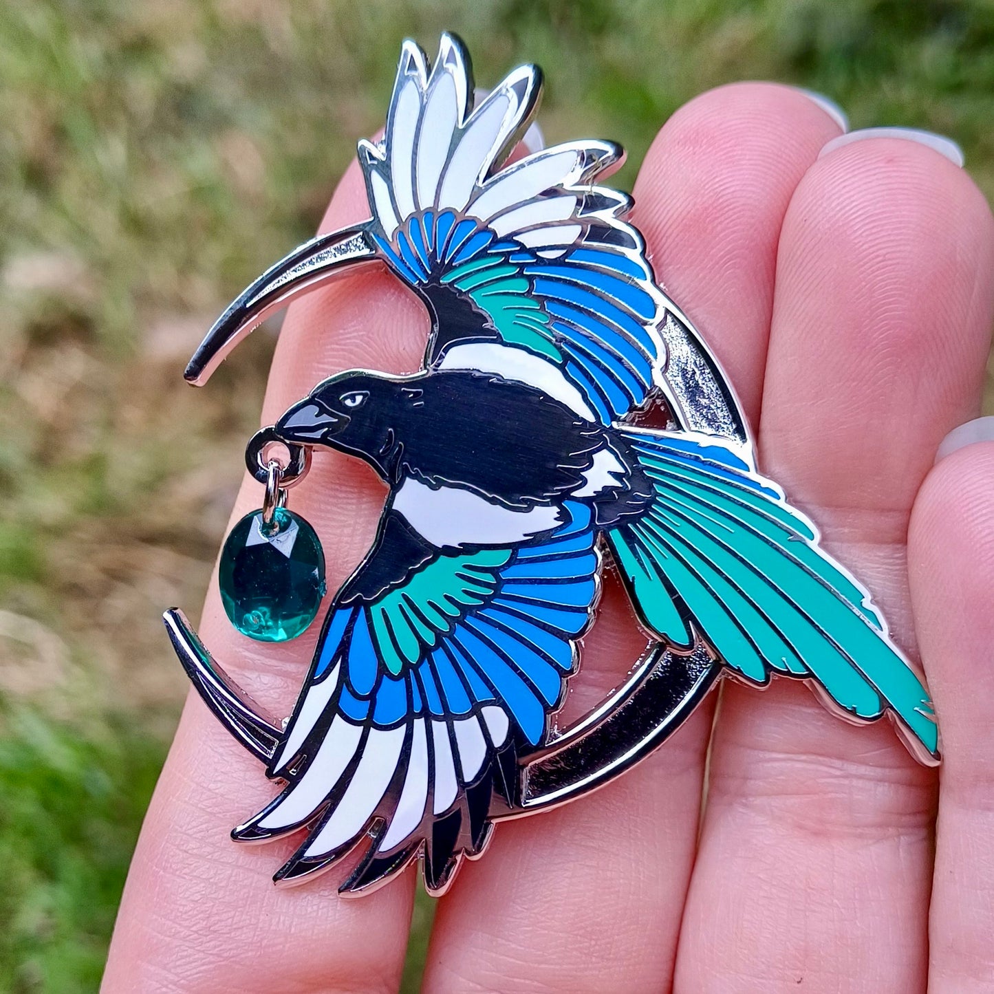 Magpie and Jewel Extra Large Silver Enamel Pin