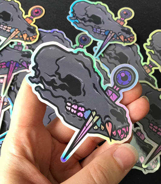 Dog Skull & Dagger Holographic Vinyl Sticker