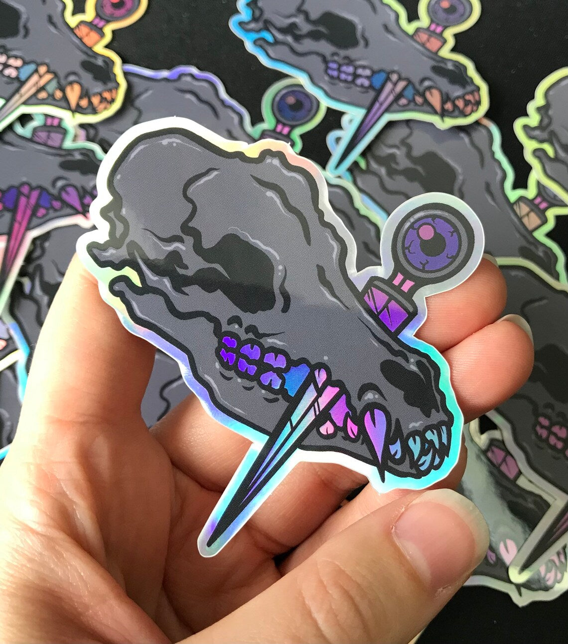 Dog Skull & Dagger Holographic Vinyl Sticker