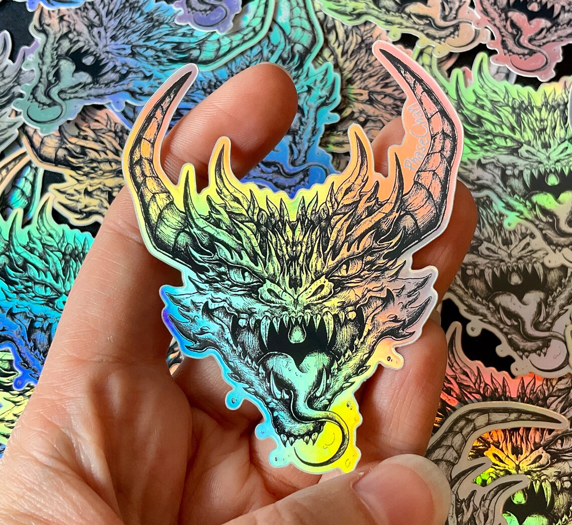 Spiked Wyvern Head Holographic Vinyl Sticker